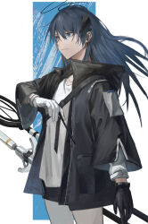1girl antenna_hair arknights asymmetrical_gloves black_gloves black_halo black_horns black_jacket black_shorts blue_eyes blue_hair cowboy_shot from_side g_xio111 gloves hair_between_eyes halo hand_up highres hood hooded_jacket horns jacket long_hair long_sleeves looking_ahead mismatched_gloves mostima_(arknights) number-only_commentary shirt short_shorts shorts sidelocks solo staff white_background white_gloves white_shirt wide_sleeves