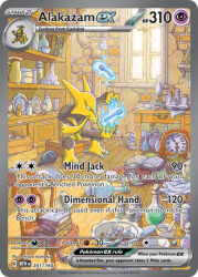 Rule 34 | alakazam, analog clock, artist name, book, book stack, bottle, brick wall, card (medium), chair, character name, clock, closed mouth, company name, copyright name, copyright notice, crack, drawer, english text, facial hair, flask, full body, gen 1 pokemon, indoors, industrial pipe, kadabra, komatsu shinya, light bulb, mortar (bowl), mustache, nintendo, official art, open book, pestle, plate, pokemon, pokemon (creature), pokemon card, pokemon focus, pokemon tcg, shelf, sitting, solo, spoon, telekinesis, third-party source, trading card, window