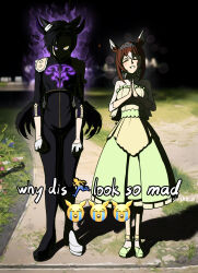 2girls absurdres air_shakur_(belphegor&#039;s_prime)_(umamusume) air_shakur_(umamusume) arms_at_sides aura brown_hair closed_eyes commentary crying_emoji dark_aura dress ear_covers emoji english_text fine_motion_(titania)_(umamusume) fine_motion_(umamusume) full_body glaring gloves glowing glowing_eyes green_dress green_footwear head_tilt highres hiroto_xiangshaozhu horse_girl long_hair meme multiple_girls official_alternate_costume official_alternate_eye_color palms_together photo_background purple_eyes sanpaku silhouette single_shoulder_pad tiara umamusume v-shaped_eyes wedding_dress white_gloves white_hair why_dis_ninja_look_so_mad_(meme) wolf_cut yellow_eyes