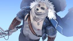 1boy abs absurdres animal_ears another_eidos-r bara bear_boy bear_ears brown_gloves chest_hair closed_mouth commentary cross_scar english_commentary facial_scar fingerless_gloves fur-trimmed_jacket fur_trim furry furry_male gloves highres holding holding_staff jacket jacket_on_shoulders jewelry male_focus muscular muscular_male navel necklace nipples open_clothes open_jacket open_shirt pectorals poncho_(boarpunch) scar scar_across_eye scar_on_cheek scar_on_face sigvaldi_(another_eidos) staff