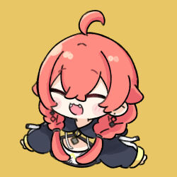 Rule 34 | 1girl, :d, ^ ^, ahoge, blush stickers, braid, brown background, chibi, closed eyes, commentary, cropped torso, drawstring, facing viewer, fangs, hair between eyes, hair over shoulder, hood, hood down, long hair, long sleeves, low twintails, nijisanji, nozo (hitomiz), open mouth, puffy long sleeves, puffy sleeves, red eyes, shishido akari, shrug (clothing), simple background, sleeves past wrists, smile, solo, twin braids, twintails, upper body, virtual youtuber
