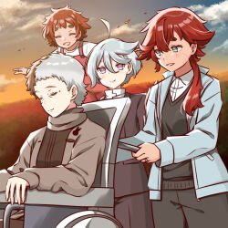 Rule 34 | 4girls, ahoge, black hair, blue sky, closed eyes, cloud, cloudy sky, ericht samaya, evening, floating, formal clothes, green eyes, gundam, gundam suisei no majo, jacket, jewelry, levitation, long hair, miorine rembran, mother and daughter, multicolored hair, multiple girls, open mouth, outdoors, overalls, prospera mercury, purple eyes, red hair, ring, sanada ikki, short hair, siblings, sisters, sky, smile, suit, suletta mercury, sunset, thick eyebrows, wedding ring, wheelchair, white hair, wife and wife