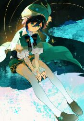 1boy androgynous beret bishounen black_hair blue_hair braid cape flower frilled_sleeves frills full_body genshin_impact gradient_hair green_eyes green_shorts hat highres long_sleeves looking_at_viewer male_focus multicolored_hair shirt short_hair_with_long_locks shorts sitting smile solo sparkle twin_braids udukinoiris venti_(genshin_impact) white_flower