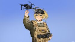 35th_marine_brigade absurdres ammunition_pouch blonde_hair blue_sky bulletproof_vest camouflage camouflage_jacket controller cyrillic drone drone_pilot eyewear_on_head flag goggles goggles_on_head green_eyes highres holding holding_controller jacket magazine_(weapon) messy_hair military military_combat_uniform military_fatigues military_uniform open_mouth outdoors pouch russo-ukrainian_war signature simple_background sky smile tanya_degurechaff tryzub ukrainian_marine_corps ukrainian_text usergore youjo_senki