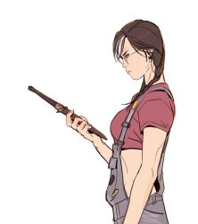 black_eyes black_hair braid breasts cropped_shirt dokkaebi_(rainbow_six_siege) from_side glasses highres holding holding_knife knife midriff multicolored_hair non-web_source overalls rainbow_six_siege streaked_hair tb_choi12 twin_braids two-tone_hair