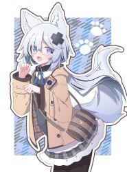 Rule 34 | 1girl, animal ear fluff, animal ears, bag, binaco (vrchat), binaco (vrchat) (cosplay), black collar, black pantyhose, blue eyes, blush, brown jacket, coat, collar, cosplay, fang, fox ears, fox girl, fox tail, glasses, grey hair, grey skirt, hair ornament, highres, jacket, long hair, long sleeves, looking at viewer, neck ribbon, open clothes, open mouth, original, pantyhose, paw pose, plaid clothes, plaid skirt, ribbon, satoh vrc, shirt, skirt, smile, solo, tail, vrchat