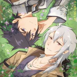 2boys black_hair crow_armbrust dated double-parted_bangs eiyuu_densetsu english_text falling_petals grass hair_between_eyes highres jewelry lisiyu9605 looking_at_viewer lying male_focus mullet multiple_boys on_back pendant petals purple_eyes rean_schwarzer red_eyes sen_no_kiseki_(series) sen_no_kiseki_i sidelocks smile white_hair