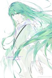 1other a0akumu absurdres arms_at_sides artist_name chinese_commentary closed_mouth commentary dated enkidu_(fate) fate_(series) floating_hair green_eyes green_hair highres hood hood_down hooded_robe light_smile long_hair looking_at_viewer other_focus robe simple_background sketch very_long_hair watermark weibo_watermark white_background white_robe