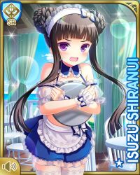 1girl annoyed apron beach bikini black_hair blue_bikini blue_skirt blue_thighhighs bow card_(medium) day girlfriend_(kari) hair_box indoors long_hair maid_apron maid_headdress official_art purple_eyes qp:flapper shiranui_isuzu skirt solo standing sunlight swimsuit thighhighs very_long_hair white_bow