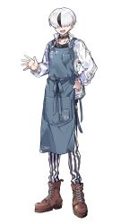 Rule 34 | 1boy, :d, absurdres, apron, belt collar, black collar, black hair, black pants, black shirt, blue apron, boots, brown boots, collar, collarbone, covered eyes, facing viewer, fuji den fujiko, hair over eyes, hand on own hip, highres, holographic clothing, jacket, lace-up boots, light blush, long sleeves, male focus, mekakare, multicolored hair, official art, open clothes, open jacket, open mouth, pants, sharp teeth, shirt, short hair, simple background, smile, solo, standing, streaked hair, striped clothes, striped pants, tachi-e, teeth, utagai nijisuke, vertical-striped clothes, vertical-striped pants, waving, white hair, white jacket, white pants, white shirt
