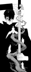 2boys :| arms_behind_back benkdjjituibot black_coat black_hair branch clone closed_eyes closed_mouth coat crossed_bangs curtained_hair demon_horns greyscale hand_in_pocket highres holding holding_sword holding_weapon horns kim_dokja low_wings monochrome multiple_boys multiple_views official_alternate_costume omniscient_reader&#039;s_viewpoint popped_collar sheath short_hair silhouette size_difference sword thorns unsheathing weapon white_coat white_wings wings yoo_joonghyuk