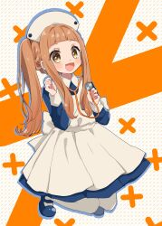 1girl :d apron blue_dress blue_shoes braid brown_eyes brown_hair child collared_dress commentary_request dress drop_shadow full_body hands_up hat highres holding ichihara_nina idolmaster idolmaster_cinderella_girls idolmaster_cinderella_girls_starlight_stage long_hair long_sleeves looking_at_viewer nurse nurse_cap open_mouth pantyhose pleated_dress rino_cnc shoes side_ponytail sidelocks smile solo stethoscope_around_neck very_long_hair white_apron white_hat white_pantyhose