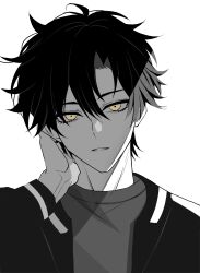 1boy absurdres bishounen black_hair cheng_xiaoshi chinese_commentary eyelashes greyscale hair_between_eyes hand_on_own_neck hand_up highres jacket long_sleeves looking_at_viewer male_focus monochrome multicolored_hair open_clothes open_jacket parted_lips portrait shiguang_dailiren shirt short_hair simple_background solo spot_color streaked_hair upper_body white_background xinjinjumin608077739399 yellow_eyes