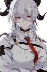 1girl absurdres arm_pouch armband black_armband black_choker black_horns black_pouch breasts button_gap chest_harness choker crossed_arms curled_horns earrings harness highres horns jacket jacket_on_shoulders jewelry key_earrings large_breasts looking_at_viewer medium_hair mole mole_under_eye necktie parted_lips red_eyes red_necktie solo tight_clothes twitter_username white_background white_hair wu_yuuri wuthering_waves zani_(wuthering_waves)