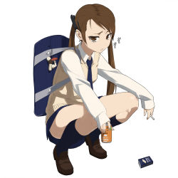 Rule 34 | 1girl, :&lt;, annoyed, bag, brown eyes, brown hair, can, cigarette, delinquent, drink, female focus, full body, hair ornament, hairclip, highres, kami juukou, kneehighs, loafers, long hair, long sleeves, mushroom, necktie, original, school bag, school uniform, shoes, simple background, sleeves past wrists, socks, solo, squatting, sweater vest, tiptoes, twintails, white background