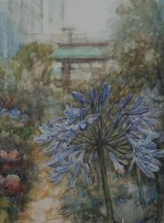 backyard blue_flower blurry blurry_foreground building bush flower flower_focus grass highres original outdoors painting_(medium) path plant road shiki4winter traditional_media tree watercolor_(medium)