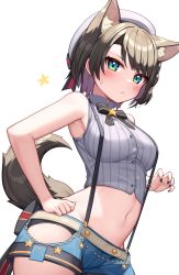 1girl animal_ear_fluff animal_ears black_hair blue_eyes blush breasts deaver hair_ornament hat highres hololive large_breasts looking_at_viewer navel oozora_subaru oozora_subaru_(work) shirt short_hair short_shorts shorts simple_background solo striped_clothes striped_shirt tail vertical-striped_clothes vertical-striped_shirt virtual_youtuber white_background wolf_ears wolf_girl wolf_tail