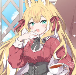 1girl animal_ear_fluff animal_ears blonde_hair breasts commentary corset cup dated double-parted_bangs fang fingernails fox_ears fox_girl fuwafuwa-chan_(kamiyoshi_rika) green_eyes hair_ribbon holding holding_saucer kamiyoshi_rika light_blush long_hair long_sleeves looking_at_viewer medium_breasts open_mouth original red_ribbon red_shirt ribbon saucer shirt signature smile solo teacup upper_body very_long_hair wavy_hair