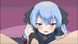 1girl animated animated_gif blue_hair blush handjob jewelry necklace open_mouth panties_on_penis penis penis_under_another&#039;s_clothes purple_eyes solo_focus zee_(zee_sub)