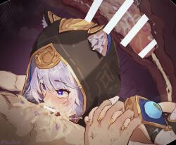 1boy 1girl absurdres animal_ears animal_hood black_hood blue_eyes cat_ears cat_hood cipher_(honkai:_star_rail) cum cum_in_mouth ears_through_hood fellatio fingernails heart heart-shaped_pupils heartseck highres holding_hands honkai:_star_rail honkai_(series) hood hood_up oral orange_nails penis sex short_hair symbol-shaped_pupils white_hair