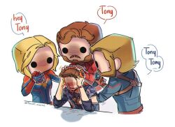 1girl 3boys artist_name avengers:_infinity_war avengers_(series) back beard black_shirt blonde_hair blue_bodysuit bodysuit brown_gloves brown_hair captain_america captain_marvel carol_danvers collared_jacket commentary doqute_doll_photoshoot_parody_(meme) english_commentary english_text faceless faceless_male facial_hair fingerless_gloves gloves grey_jacket hand_up hands_on_own_head hands_up headphones holding holding_headphones holding_phone hood hooded_jacket jacket long_hair marvel marvel_cinematic_universe meme multiple_boys open_clothes open_jacket peter_quill phone purple_shirt red_bodysuit red_jacket shadow shirt short_hair simple_background sitting speech_bubble standing star_(symbol) steve_rogers superhero_costume t-shirt teacat_marnie tony_stark two-tone_bodysuit watch white_background wristwatch