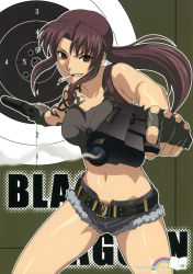 1girl absurdres aiming aiming_at_viewer belt beretta_92 black_lagoon brown_eyes brown_hair cigarette collarbone cutoffs denim denim_shorts dual_wielding female_focus fingerless_gloves foreshortening gloves grin gun handgun highres holding koutaro midriff navel open_fly pistol ponytail revy_(black_lagoon) rifling semi-automatic_pistol short_shorts shorts smile smoke smoking smoking_barrel solo tank_top tattoo unzipped weapon