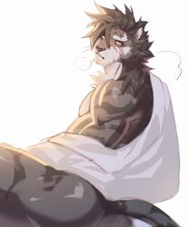 1boy absurdres animal_ears ass bara biceps black_fur black_hair commentary cross_scar daru808080 english_commentary furry furry_male highres looking_at_viewer looking_back male_focus muscular muscular_male parted_lips pectorals puff_of_air scar scar_across_eye scar_on_face scar_on_nose sdorica tail tiger_boy tiger_ears tiger_stripes tiger_tail yao_(sdorica)