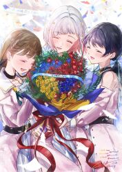 3girls 4th_live_dream_~bloom_the_dream_believers~ :d ^_^ absurdres artist_name aurora_flower_(love_live!) bare_shoulders black_ribbon blue_flower blue_hair blue_ribbon blue_rose bouquet braid brown_hair center-flap_bangs closed_eyes clothing_cutout colored_inner_hair commentary_request cowboy_shot daisy_(flower) dollchestra dream_believers dress flower flower_stand_art grey_hair hair_ornament hair_ribbon highres holding holding_bouquet holding_together kachimachi_kosuzu kuzia_(atarayo) link!_like!_love_live! long_sleeves love_live! low_twintails multicolored_hair multiple_girls murano_sayaka official_alternate_costume open_mouth pink_dress red_flower red_hair red_rose ribbon rose short_hair shoulder_cutout side_braids signature smile star_(symbol) star_hair_ornament streaked_hair teeth twintails twitter_username upper_teeth_only virtual_youtuber yellow_flower yellow_rose yugiri_tsuzuri