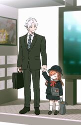 1boy 1girl =_= ad aged_down arm_at_side arm_up bag black_footwear black_hat black_jacket black_pants black_skirt black_suit blue_necktie bow bowtie briefcase brown_eyes child chinese_commentary closed_eyes collared_shirt commentary_request day father_and_daughter final_fantasy final_fantasy_xiv formal_clothes full_body g&#039;raha_tia hair_ribbon hat height_difference highres holding holding_bag holding_briefcase holding_hands hyur jacket kindergarten_uniform kneehighs loafers long_hair long_sleeves neck_tattoo necktie open_mouth orange_hair outdoors pants red_bow red_bowtie ribbon ryne_waters school_bag school_hat shirt shoes short_hair skirt smile socks standing suit swept_bangs tattoo thancred_waters white_hair white_shirt white_socks wuliu_heihuo