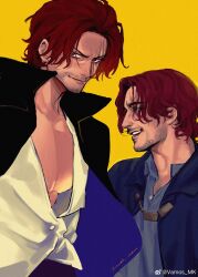 Rule 34 | 2boys, black jacket, blue shirt, closed mouth, collarbone, highres, jacket, large pectorals, looking at viewer, male focus, mature male, multiple boys, multiple views, one piece, pectoral cleavage, pectorals, red eyes, red hair, scar, scar across eye, scar on face, shanks (one piece), shirt, short hair, simple background, upper body, vamos mk, white shirt, yellow background
