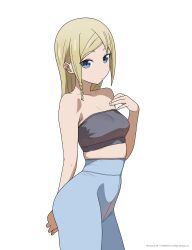 1girl absurdres bare_shoulders blonde_hair blue_eyes blue_pants breasts coro_fae grey_tube_top hayasaka_ai highres kaguya-sama_wa_kokurasetai_~tensai-tachi_no_renai_zunousen~ long_hair medium_breasts pants simple_background solo strapless tube_top white_background yoga_pants