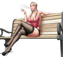 bench bimbofication bracelet breasts cigarette cleavage dr_stein_(pixiv) high_heels jewelry mia_(smoking_hypnosis) revealing_clothes simple_background sitting smoke smoking_hypnosis thighhighs white_background