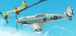 aerial_battle aircraft airplane battle bf_109 cloud day flying inui_(jt1116) long_hair military military_vehicle no_humans original polikarpov_i-16 propeller_fighter sky smoke spain spanish_civil_war spanish_republican_flag tintin translated vehicle_focus
