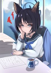 1girl animal_ears animal_print black_eyes black_hair black_sailor_collar blue_archive blue_neckerchief cat_ears cat_girl cat_print cat_tail cup desk halo hands_on_own_face highres japanese_clothes kikyou_(blue_archive) long_sleeves looking_at_viewer mug neckerchief paper sailor_collar san_f school_desk school_uniform serafuku shirt short_hair simple_background skirt solo tail window