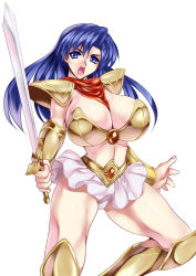 1girl alternate_breast_size armor asou_yuuko bikini_armor blue_eyes blue_hair boots breasts brooch cleavage female_focus huge_breasts jewelry knee_boots long_hair looking_at_viewer matching_hair/eyes microskirt midriff mugen_senshi_valis neckerchief simple_background skirt smash_daisaku solo sword telenet_japan valis valis_sword weapon white_background