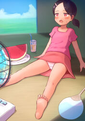 1girl arm_support barefoot black_hair blush cloud collarbone crotch_seam cup drink drinking_glass drinking_straw electric_fan flat_chest food fruit hair_ornament hairclip hand_fan highres hot kai_ooo1 loli ocean open_mouth orange_skirt original panties paper_fan pink_shirt plate red_eyes shirt short_hair short_sleeves sitting skirt sky sweat twintails underwear water watermelon watermelon_slice white_panties
