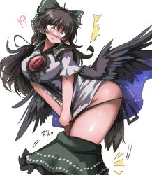 !? 1girl black_hair black_wings blush bow breasts closed_mouth constellation_print embarrassed eye20806972 from_side green_bow green_skirt hair_bow highres large_breasts leaning_forward long_hair reiuji_utsuho shirt simple_background skirt solo starry_sky_print third_eye touhou white_background white_shirt wings