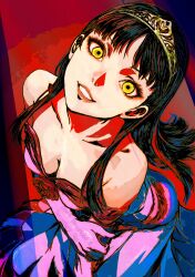 1girl absurdres amagi_yukiko black_hair blunt_bangs breasts cleavage collarbone dark_persona dress evil_smile highres long_hair looking_at_viewer oeilvert_fft parted_bangs persona persona_4 pink_dress shadow_(persona) shadow_yukiko sidelocks smile solo yellow_eyes