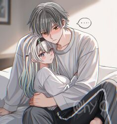 ... 1boy 1girl bed black_hairband black_pants blush breasts caelus_(honkai:_star_rail) closed_mouth firefly_(honkai:_star_rail) gradient_hair grey_hair grey_pants hair_between_eyes hairband honkai:_star_rail honkai_(series) hyohls2_(hamao3o) long_sleeves multicolored_hair pants shirt short_hair sweatpants trailblazer_(honkai:_star_rail) white_shirt yellow_eyes