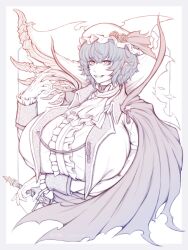 1girl alternate_costume arm_under_breasts ascot bat_wings blue_hair border breasts brooch cape center_frills covered_erect_nipples cropped_torso elun_(meido) fangs flower frilled_cuffs frills gloves grey_border hair_between_eyes hand_up hat hat_flower hat_ribbon highres huge_breasts jewelry mob_cap mystical_high_collar pointy_ears red_eyes remilia_scarlet ribbon short_hair solo sword torn_clothes touhou vampire weapon white_gloves wings