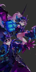 1boy 1girl bare_legs belt belt_buckle black_belt black_coat black_gloves black_hat black_pants black_shirt black_shoes black_socks blue_coat blue_eyes blue_horns blue_necktie brown_background buckle buttons ciel_(elsword) clenched_hand coat collared_coat cross_hair_ornament demon_girl demon_horns demon_wings elsword feet_out_of_frame fighting_stance floating floating_clothes floating_hair full_body gloves gradient_coat grin hair_ornament hairclip hat high_ponytail highres horns horns_through_headwear hwansang kicking kneehighs lapels long_hair looking_ahead looking_at_viewer luciela_r._sourcream magazine_(weapon) necktie notched_lapels official_art open_clothes open_coat outstretched_arm pants peaked_cap petite pink_coat pink_gloves pink_hair pink_necktie pink_wings ponytail second-party_source shaded_face shirt shoes short_hair simple_background smile sneakers socks spiked_hat tie_clip two-sided_coat two-sided_fabric two-tone_gloves very_long_hair white_hair wings