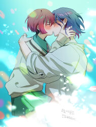 Rule 34 | 1boy, 1girl, amate yuzuriha, blue background, blue hair, blush, collared shirt, colored inner hair, gundam, gundam gquuuuuux, hetero, highres, kiss, korean text, long sleeves, multicolored hair, necktie, otakulifewow, purple hair, red hair, school uniform, shirt, short hair, shuji ito, skirt, sweater, tearing up, translation request, two-tone hair, white shirt