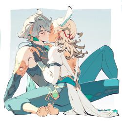 2boys alhaitham_(genshin_impact) aqua_pants barefoot blonde_hair closed_eyes commentary detached_sleeves feather_hair_ornament feathers feet_out_of_frame genshin_impact grey_hair hair_ornament highres kaveh_(genshin_impact) kiss long_hair male_focus multiple_boys pants shirt short_hair velkia vision_(genshin_impact) white_shirt yaoi
