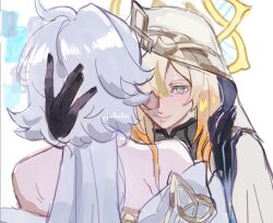 2girls asymmetrical_bangs bare_shoulders blonde_hair blue_eyes double_helix dress genshin_impact hair_between_eyes hug julia_(julinhei) long_hair multiple_girls naberius_(genshin_impact) rhinedottir_(genshin_impact) simple_background smile very_long_hair white_background white_dress white_hair yuri