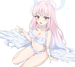 Rule 34 | arm support, bikini, blue archive, blunt bangs, blush, breasts, cleavage, frilled bikini, frills, halo, highres, iicecall, large pectorals, long hair, looking at viewer, low wings, mika (blue archive), mika (swimsuit) (blue archive), open mouth, pectorals, pink hair, sitting, swimsuit, v, wariza, white bikini, white wings, wings, yellow eyes