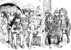 6+girls abs african_rock_python_(kemono_friends) animal_ears animal_hood antlers arabian_oryx_(kemono_friends) aurochs_(kemono_friends) behind_another boots bow bowtie chair closed_mouth collared_shirt cow_ears cow_horns crested_porcupine_(kemono_friends) dark-skinned_female dark_skin detached_hood extra_ears full_body fur_collar giant_armadillo_(kemono_friends) greyscale hat highres hood hood_up hooded_jacket horns jacket japanese_black_bear_(kemono_friends) kemono_friends king_cobra_(kemono_friends) kneepits leggings lion_(kemono_friends) lion_ears long_hair long_sleeves long_tail looking_at_another looking_at_viewer midriff miniskirt monochrome moose_(kemono_friends) moose_ears multicolored_hair multiple_girls nagato_mikasa navel necktie okinawa_habu_(kemono_friends) on_chair own_hands_together parted_lips peafowl_(kemono_friends) scarf shirt shoebill_(kemono_friends) shoes short_hair side-by-side sitting skirt smile snake_hood snake_tail standing stomach sweater_vest tail thigh_boots thighhighs toned toned_female v_arms wing_collar