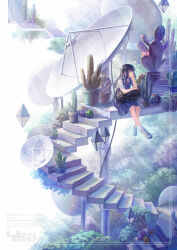 1girl artist_name backpack bag black_hair cactus day door garutaisa highres impossible_architecture long_hair original outdoors parabolic_antenna plant potted_plant scenery school_uniform shoes sitting stairs sweater_vest unworn_backpack unworn_bag watermark white_shoes
