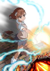 Rule 34 | 1girl, brown eyes, brown hair, brown sweater vest, collared shirt, commentary request, dress, dress shirt, electricity, electrokinesis, fire, grey skirt, highres, loose socks, misaka mikoto, pleated dress, school uniform, shibukawa daisuke, shirt, short hair, skirt, smile, socks, solo, standing, summer uniform, sweater vest, toaru kagaku no railgun, toaru majutsu no index, tokiwadai school uniform, white shirt