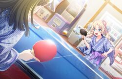 Rule 34 | 2girls, :d, arcade cabinet, asa no ha (pattern), ball, bath yukata, blonde hair, blue eyes, blue hair, blue kimono, braid, brown hair, center-flap bangs, dutch angle, fang, flower, game cg, gradient hair, hair flower, hair ornament, highres, holding, holding table tennis paddle, japanese clothes, kachimachi kosuzu, kimono, leaning to the side, light blue hair, light particles, link! like! love live!, long hair, love live!, multicolored hair, multiple girls, official art, open mouth, osawa rurino, paddle, parted bangs, pink flower, side braids, slice of life, smile, solo focus, straight hair, table tennis, table tennis ball, table tennis net, table tennis paddle, third-party source, twintails, v-shaped eyebrows, vending machine, virtual youtuber, yukata