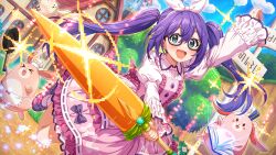 1girl apron bird blue_eyes book bow building center_frills cloud dress flower frills frying_pan game_cg glasses hairband hat heart holding holding_weapon idolmaster idolmaster_million_live! idolmaster_million_live!_theater_days juliet_sleeves long_sleeves magic mochizuki_anna official_art one_leg_raised open_book open_mouth puffy_sleeves purple_hair rabbit tree twintails weapon window
